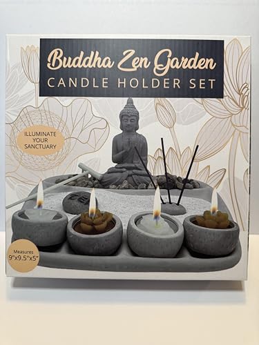 Buddha Zen Garden Candle Holder Set with Zen Rake, Incense Holder, 9" x 9.5" x 5", Meditation Decor