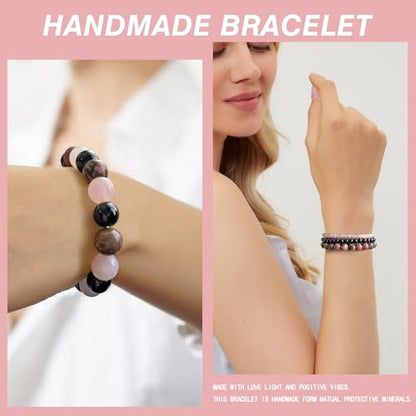 4pcs Beaded Bracelets for Women,Natural Healing Crystal Gemstones Bracelet,Anxiety Stress Relief Bracelet Handmade purple Jewelry Gifts for Women - color: Rose Quartz&Obsidian&Rhodonite