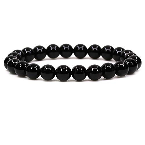 Keleny Gem Semi Precious Gemstones 8mm Natural Stone Round Beads Rock Crystal Jasper Stretch Bracelet 7 Inch Unisex - color: Black Agate