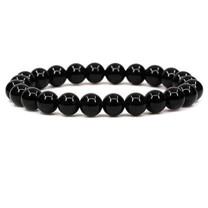 Keleny Gem Semi Precious Gemstones 8mm Natural Stone Round Beads Rock Crystal Jasper Stretch Bracelet 7 Inch Unisex - color: Black Agate