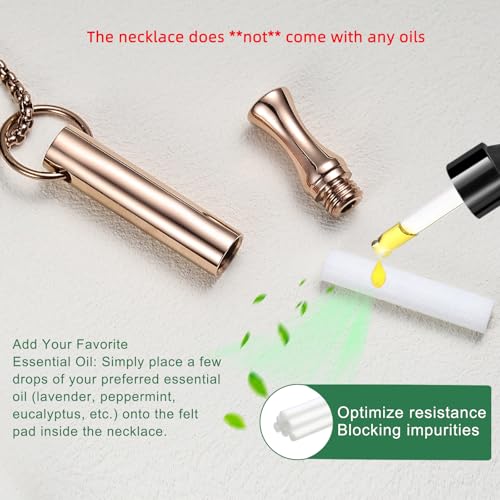 Breathing Necklace for Calm & Focus - Personal Essential Oil Diffuser for Anxiety Relief, Quit Smoking, Yoga and Meditation - Reusable Stainless Steel Pendant for Women Men - color: Rose Gold