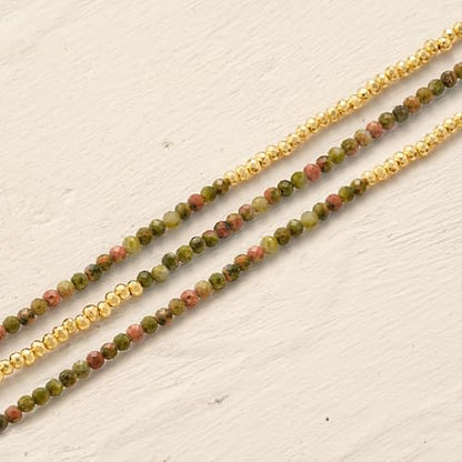 Women Beaded Bracelet Gold Double Layer Gemstone 14K Simple Dainty Handmade Chain Everyday Boho Beach Jewelry - style: Unakite