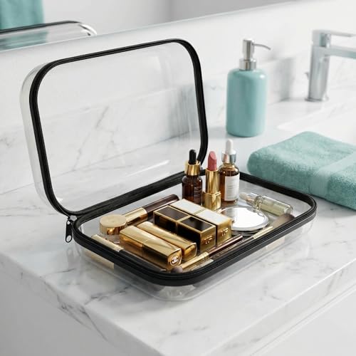 Clear Hard Shell Travel Case with Zipper, Portable Plastic Organizing Pouch, Black Trim, Transparent Storage Container (Grey) - color: Grey