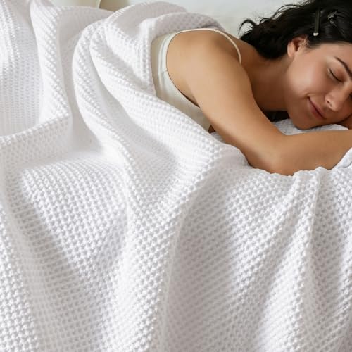 PHF Pre-Washed 100% Cotton Waffle Weave Blanket King Size for Bed,Snag Proof Throw Blanket for Couch Spring Summer Lightweight Breathable,Machine Washable, Home Decor Gift - White - color: White, size: King(104" x 90")