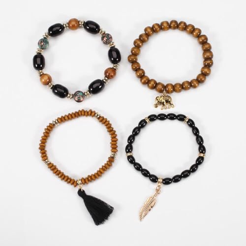 Caiyao 4Pcs Bohemia Multilayer Stackable Elephant Leaf Tassel Bracelets Colorful Wooden Resin Beaded Stretch Bracelets for Women Men Summer Beach Boho Vacation Hawaii Jewelry Gifts - style: StyleE