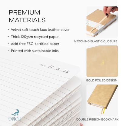 Oriole Vegan Leather Ruled Notebook - Walnut Cream | 176 Pages of Thick Lined Paper | Soft Touch Hardcover Journal (5 x 8 in) with Gold Foil Bird Design & Luxury Gift Box - color: Walnut Cream