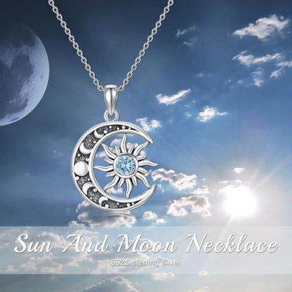 Sun and Moon Necklace 925 Sterling Silver Sun Moon Pendant Gemstone Jewelry Gifts for Women - style: March