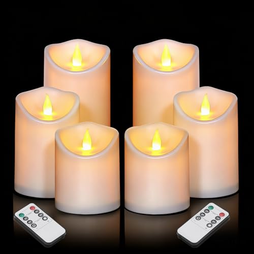 Flameless Candles 4" 5" 6" Outdoor Indoor Pillars Battery Operated Flickering Candles Include 10-Key Remote Timer 400+ Hours by 2 AA Batteries (White Candle - Warm light, 3"D x 4"|5"|6" H - 6 Pack) - color: White Candle - Warm light, size: 3"D x 4"|5"|6"