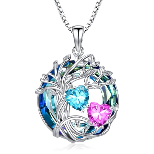 TOUPOP s925 Sterling Silver Family Celtic Tree of Life Pendant Necklaces with 2 Heart Birthstone with Blue Austrian Crystal Jewelry Birthday Valentines Day Gifts for Her, Anniversary Christmas Gifts for Wife Girlfriend Mom (18K Real White Gold Filled) - c