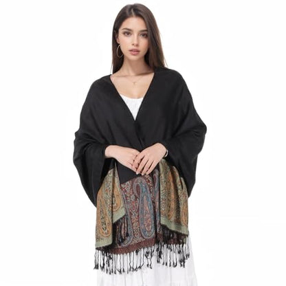 MUQU Women Pashmina Shawls and Wraps Scarf Soft Silky Reversible Paisley Scarves Shawl for Women - color: Black-b