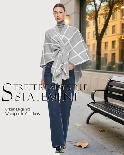 PULI Women's Elegant Shawl Wraps Soft Open Front Poncho Sweater for Spring Fall Winter - color: Classic Check-light Heather Gray and Ivory White