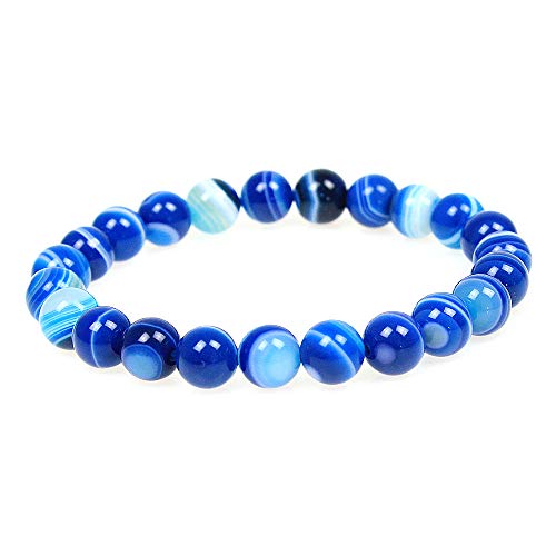 MJDCB Featured Men Women 8mm Beads Bracelet Elastic Natural Stone Yoga Bracelet Bangle 6.7" - color: Blue Striped Agate