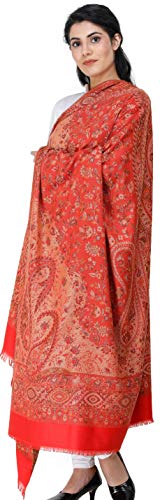 Exotic India Reversible Jamawar Shawl with Woven Paisleys - Wool - color: Grenadine