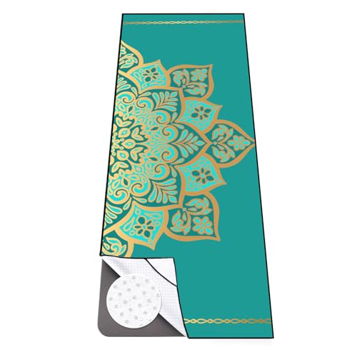 Colorful Star Large Yoga Mat Towel with Corner Pockets, Non Slip Grip Dots Absorbent Hot Yoga Towels, Yoga Blankets with Travel Bag, Mat Cover for Workout, Gym, Fitness - 74"x26", Turquoise Mandala - color: Turquoise Mandala, size: 74" x 26"