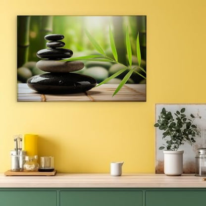 Canvas for Living room. Zen Balance - Stacking Stones and Bamboo Leaves Conjure Serenity and Harmony, 27 x 18 inch Canvas Wall Art - Ready to Hang - 69x46 cm (27x18 inch)