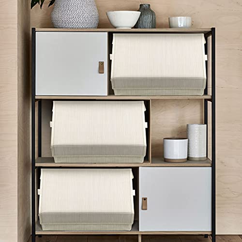 Set of 2 Stackable storage bins,Linen Fabric Foldable Storage Organizer Cubes Box whits Lids and Own-Handle Storage Organizer Bins for Home Office Nursery Living Room Beige 15x10.5 x10inch