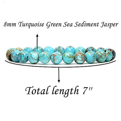Angelstones Handmade Natural Healing Gemstone 8mm Round Beads Stretch Crystal Bracelet 7 Inch Unisex - color: Turquoise Green Sea Sediment Jasper