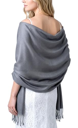 Achillea Lightweight Pashmina Scarf for Women – Soft Silky Shawl Wrap for Evening Dresses, Bridesmaids & Everyday Wear - color: Dark Grey