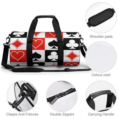 Suits Hearts Diamonds Clubs Spades Grid Poker Playing Cards Cylindrical Portable Fitness Bag, Large Capacity Handbag - color: suits hearts diamonds clubs spades Grid Poker