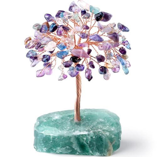 Fluorite Crystal Tree Healing Crystals Gemstone Tree Natural Stone Base Copper Wire Life Tree Money Tree Energy Desk Decor Spiritual Gifts Meditation - color: Fluorite, size: 5.2 in