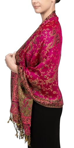 Achillea Reversible Paisley Pashmina Rave Scarf – Exotic Indian Shawls and Wraps for Evening Dresses, Festivals, All Seasons - color: Fuchsia