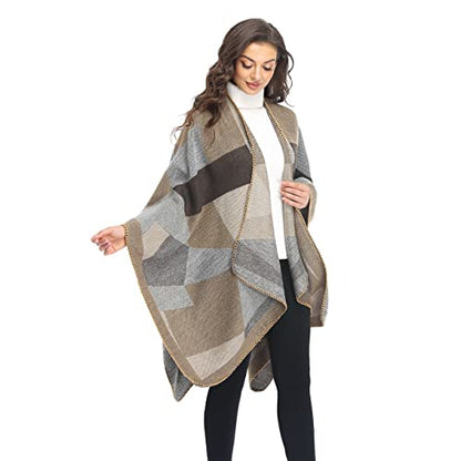 Shawl Wraps for Women, Elegant Knitted Cape Open Front Poncho Scarf Blanket Cardigan Coat for Spring, Autumn, and Winter - color: Gray Khaki