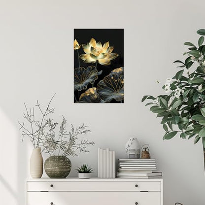 Lotus Wall Art Zen Floral Picture Decor Lotus Flower Leaf Painting Prints Modern Meditation Canvas Poster for Bathroom Yoga Spa Room Bedroom Office Home Decor Framed(Flo-02,12"x18")