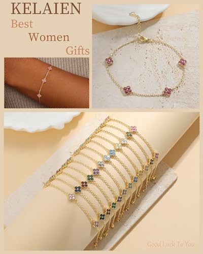 Birthstone Gold Clover Bracelet Dainty 14K Gold Plated Cute Friendship Stackable Bracelets for Women No Tarnish Trendy Charm Best Friend Bracelet Stack for Birthday Jewelry - color: 07. July(Ruby)