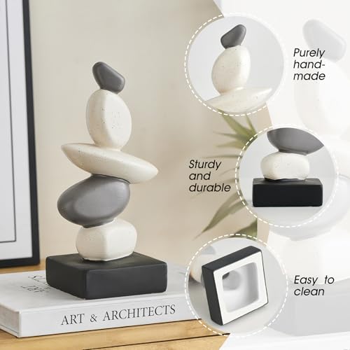 Octdays Fake Sandstone Statue Living Room Decor, Modern Ceramic Stacked Stone Sculptures Zen Decor, Stone Statue Decorations for Coffee Table Shelf Bookshelf Desk, Gifts for Good Luck (Gray & White)