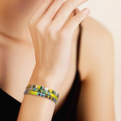 Tila Flat Beaded Stretch Bracelets for Women, Trendy Unique Handmade Stackable Green Blue Square Beads Miyuk Link Bracelet Summer Jewelry Gift - color: Yellow White