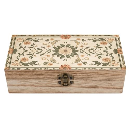 Boho Floral Wooden Storage Box (7.9" X 3.9" X 2.3"),Vintage Wooden Jewelry Box with Hinged Lid Natural Wood Keepsake Storage Boxes, Decorative Rustic Organizer for Home Decor Crafts Rings Gifts - color: Boho Floral-1