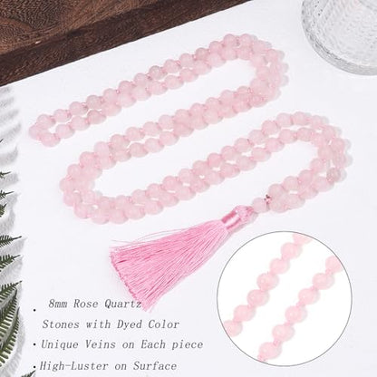 8MM Beads Chakra Long Mala Necklace Natural Stone Meditation Statement Necklace Japa Yoga Buddhist Rosary Prayer Charm Beaded Tassel Necklace - color: Rose Quartz