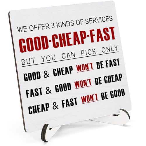 Retro Funny Office Wooden Sign Desk Decor for Work, 3 Kinds of Services Good Cheap Fast Wood Plaque Sign With Stand for Office Workplace Desk Table Shelf Decoration, 5x5 Inch - color: Good Cheap Fast