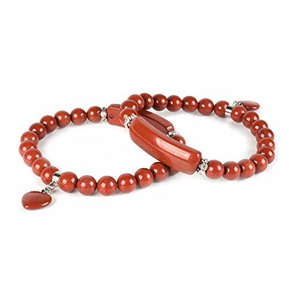 Justinstones Gem Semi Precious Gemstone Love Heart Charm Stretch Beaded Bracelet Unisex - color: Red Jasper