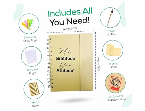 Gratitude Attitude Journal with Meditation Music, Pen, Pad, Sticky Notes, Color Tabs & Prompts. A self-care gift to encourage positive thoughts & overall mental wellness. (Natural, Unisex) - color: Natural