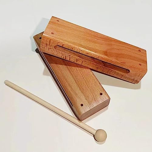 Wood Block Musical Instrument with Mallet Solid Hardwood Percussion Rhythm Blocks,Natural Finish (Wood color)