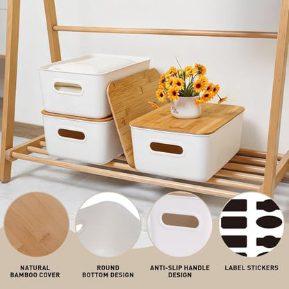 Citylife Storage Bins with Bamboo Lids 16QT Plastic Storage Containers Stackable Organizer Boxes with Handle for Desk Snacks, Toys, 2 PCS, 15" L x 10.6" W x5.8 H - size: Large, style: 2 Pack