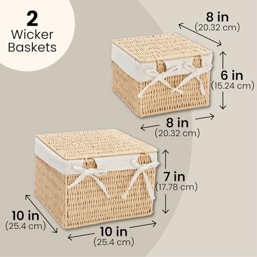 Juvale Wicker Storage Bins with Lids and Insert - Set of 2, 10 x 10 x 7 in & 8 x 8 x 6 in, Brown - Rectangular Lined Baskets with Lids & Insert for Organization