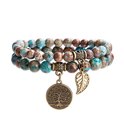 Bivei Natural Semi Precious Gemstone beads bracelet for women - Life Tree and Leaf Charm Energy Reiki Crystal Stretch Bracelets - color: Blue Lace Agate Bracelet Set, size: Medium:6.8-7.24inch