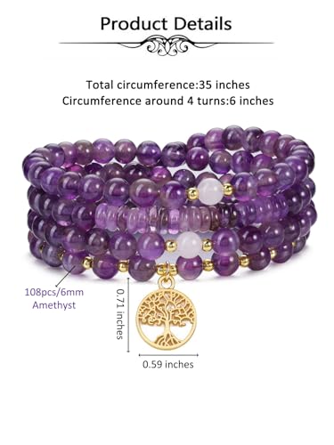 Top Plaza Amethyst Prayer Beads Bracelet Long Beaded Necklace Natural Gemstone 108 Mala Beads Tree Life Yoga Meditation Bracelet Necklace - color: Amethyst