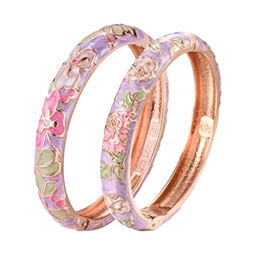 UJOY Classic Cloisonne Bracelets Enamel Jewelry Plated Bamboo Flower Cuff Metal Bangle for Women Gift Box - color: A100-Flower-Purple