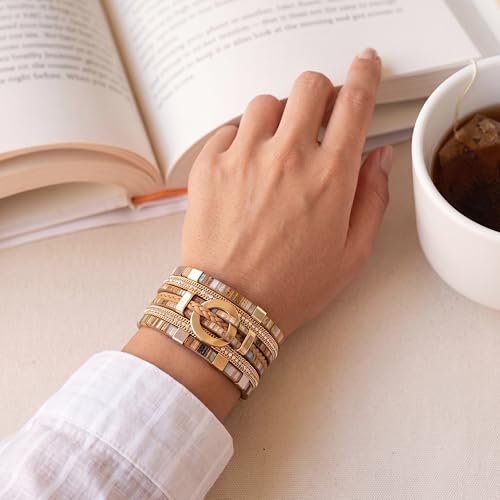 Edoneery Leather Wrap Bracelet for Women, Boho Handmade Multi-Layer Cuff with Crystal Beads Heart, Stackable Bangle Western Jewelry Gift - style: Circle(Boho)