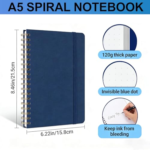 Dot Grid Journal Starter Kit, A5 Spiral Notebook with Stencil Ruler, Date & Color Stickers, Hardcover, 120gsm Thick Paper, Subtle Blue Dotted Pages for Planning, Study & Work - Blue - color: Blue