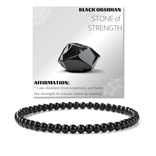 Crystal Beaded Bracelets for Women 4mm Clear Quartz Bead Handmade Gemstone Stretch Elastic Bracelet Natural Stone Crystal Healing Reiki Spiritual Jewelry Gifts - color: Black Obsidian, size: 4mm
