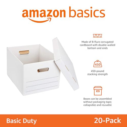 Amazon Basics Storage/Filing Boxes with Lift-Off Lid, Letter/Legal Size, Collapsible, Tape-Free Assembly, White, 16.2" L x 12.5" W x 10.5" H, 20-Pack - style: Standard 20-pack