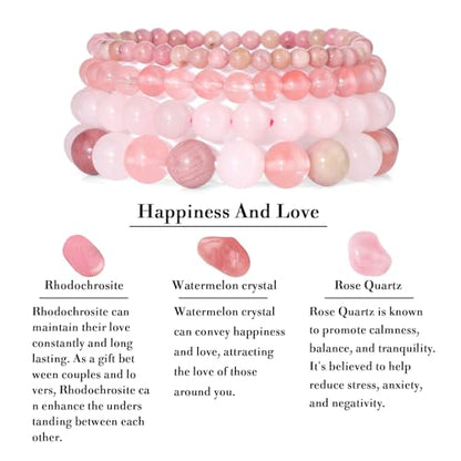 4pcs Beaded Bracelets for Women,Natural Healing Crystal Gemstones Bracelet,Anxiety Stress Relief Bracelet Handmade purple Jewelry Gifts for Women - color: Rhodochrosite&Watermelon crysta&Rose Quartz