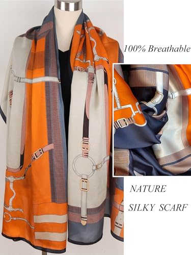 Large Shawl Scarf For Women Lightweight Wraps Silky Headscarf Long Sunscreen Scarfs - color: T27 Orange Chain / 70"x 35"