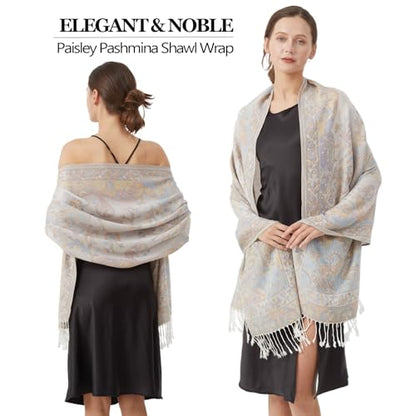 Paisley Pashmina Rave Shawl Scarf-Women's Reversible Ethnic Jacquard Pashmina Wraps for Travel - color: A#. White Blue