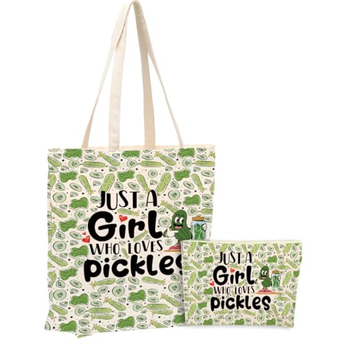 Cute Pickle Gifts,2PCS Makeup Cosmetic Bag Canvas Tote Bag Beach Bag for Shopping Work Office，Pickle Stuff Merch for Women Lovers Girls Friend Sister Bestie Friendship Christmas Birthday Gifts - color: Girl Loves Cows 0914