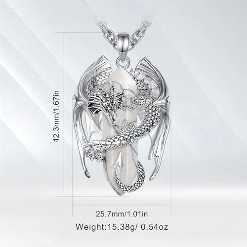 INFUSEU Unique Dragon Necklaces with Healing Crystal Stone for Men Women, Personalized Spiritual Gifts, 24 Inch Chain - color: White Howlite